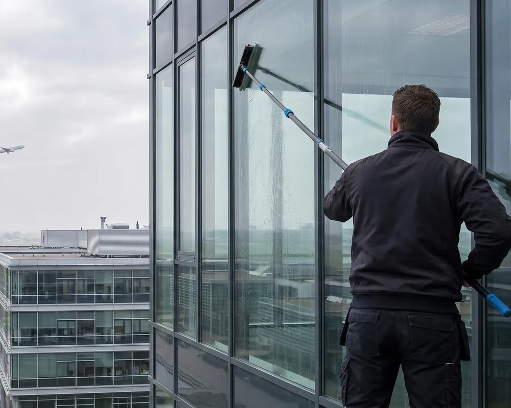 Glazenwasser aan het werk in Schiphol